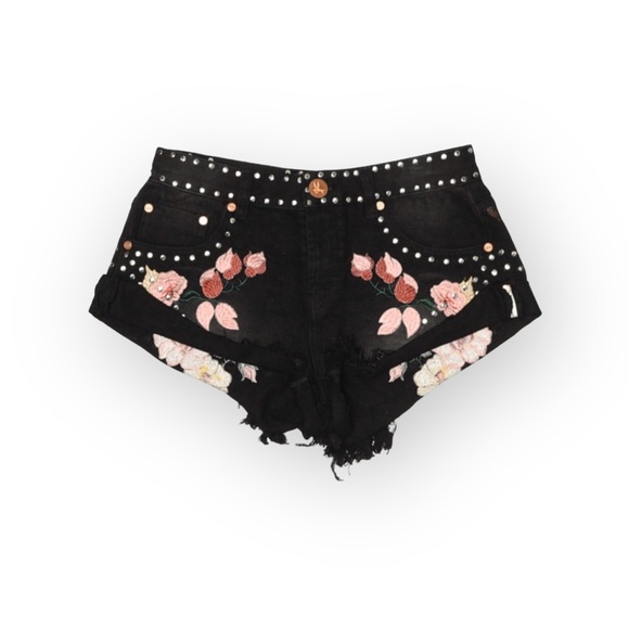 HTF: new One Teaspoon 𑁍 Floral Embroidery Bandit Cut Off Shorts 𑁍 Fox Black 26 - Picture 4 of 16